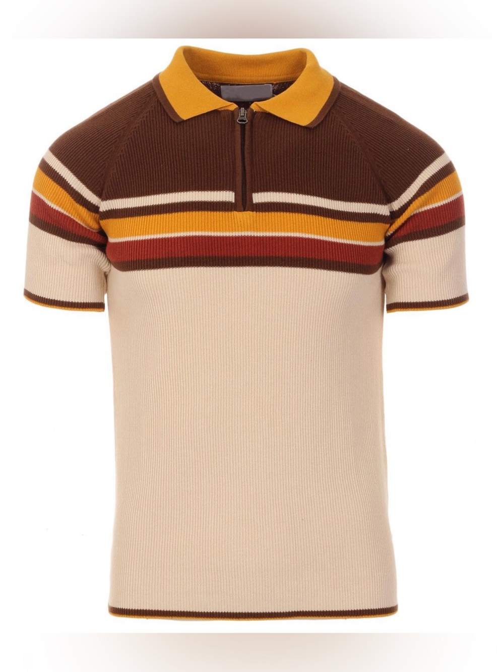 New OXKNIT Men’s XL Vintage Warm Stripe Zip Knit Polo 70s Tan Brown Gold Stretch